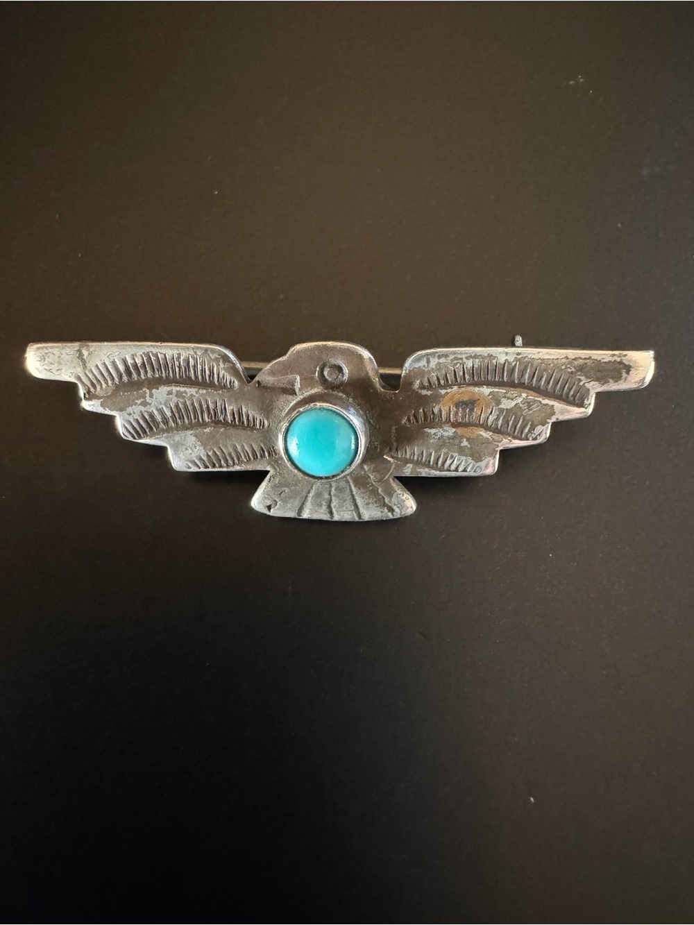Vintage Sterling Silver Thunderbird Turquoise Pin Brooch - Signed